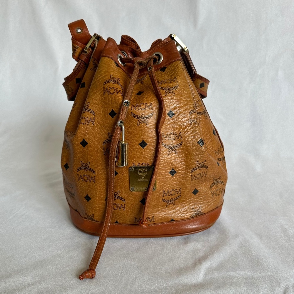 **AUTHENTIC** MCM Dessau Drawstring Bag In Visetos Cognac - Vintage